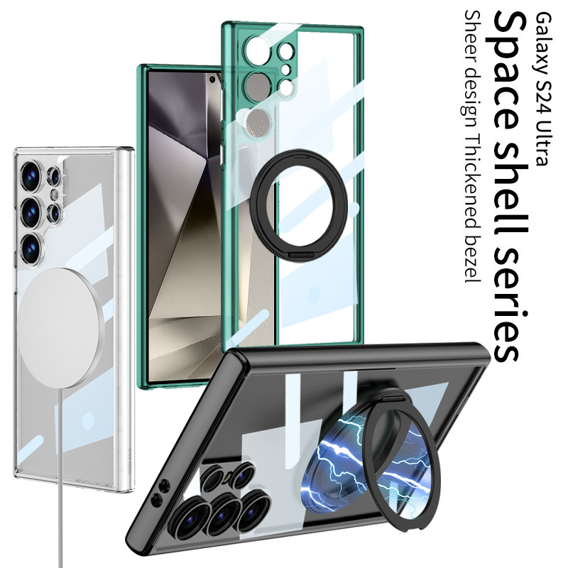 Compatible with Samsung S25/24 Ultra phone case, 360° rotating stand, S23U magnetic wireless charging transparent protective case