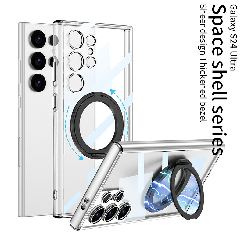 Compatible with Samsung S25/24 Ultra phone case, 360° rotating stand, S23U magnetic wireless charging transparent protective case