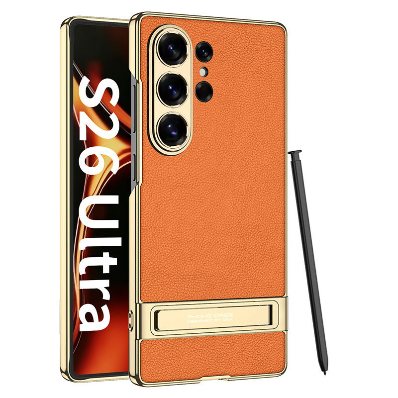 Compatible with Samsung S26/25 Ultra phone case, S24U electroplated leather, gear shift stand, precision hole, drop-proof protective case