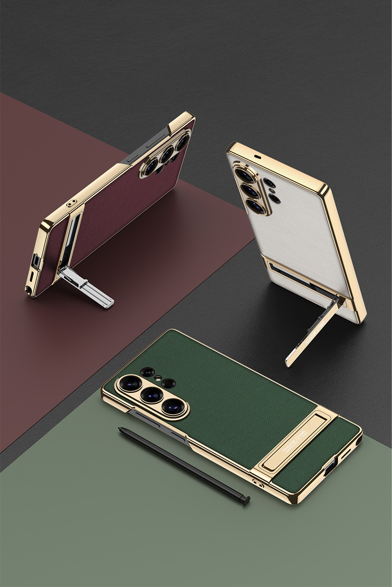 Compatible with Samsung S26/25 Ultra phone case, S24U electroplated leather, gear shift stand, precision hole, drop-proof protective case