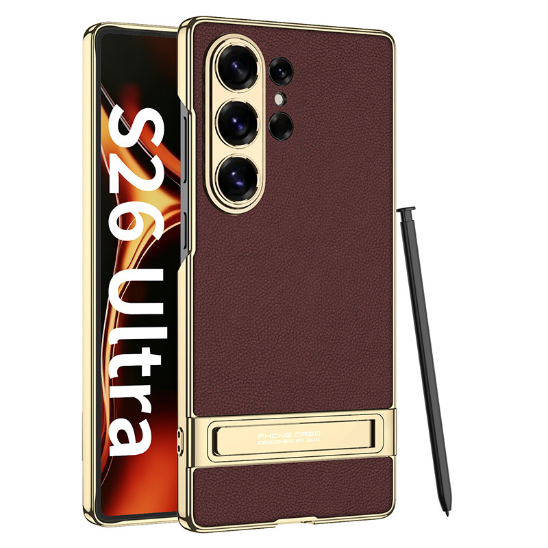 Compatible with Samsung S26/25 Ultra phone case, S24U electroplated leather, gear shift stand, precision hole, drop-proof protective case