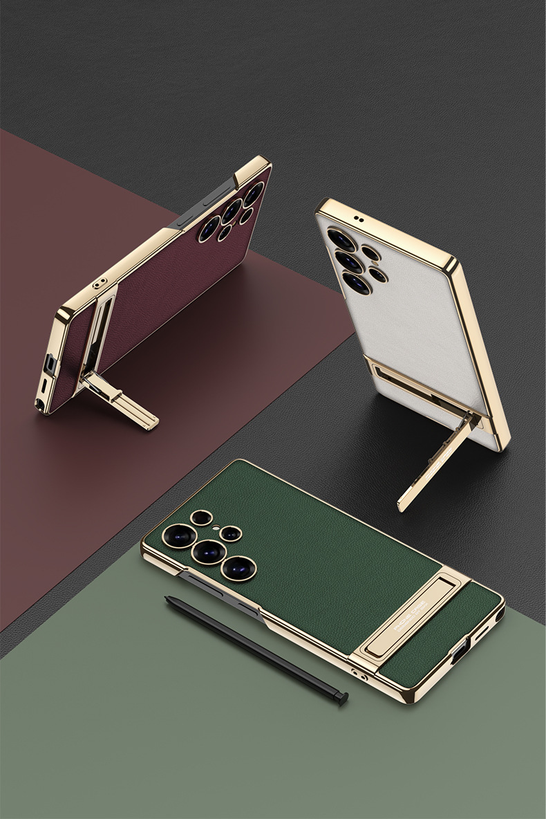 Compatible with Samsung S26/25 Ultra phone case, S24U electroplated leather, gear shift stand, precision hole, drop-proof protective case