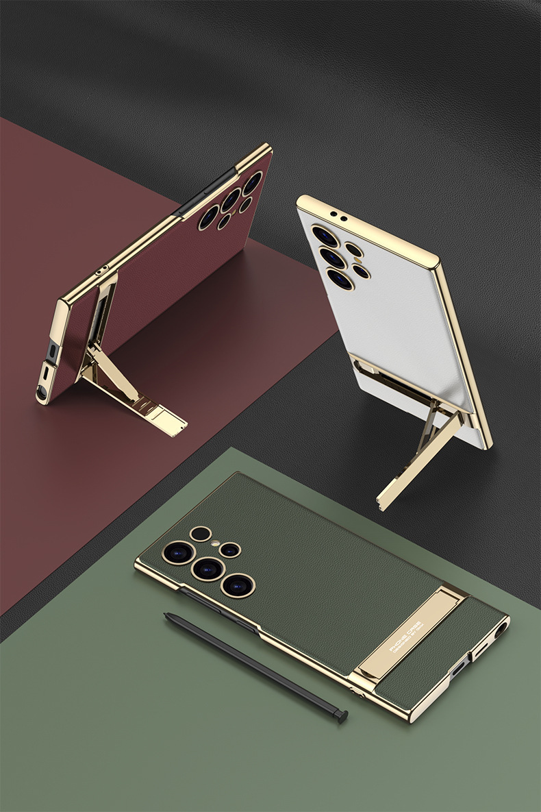 Compatible with Samsung S26/25 Ultra phone case, S24U electroplated leather, gear shift stand, precision hole, drop-proof protective case