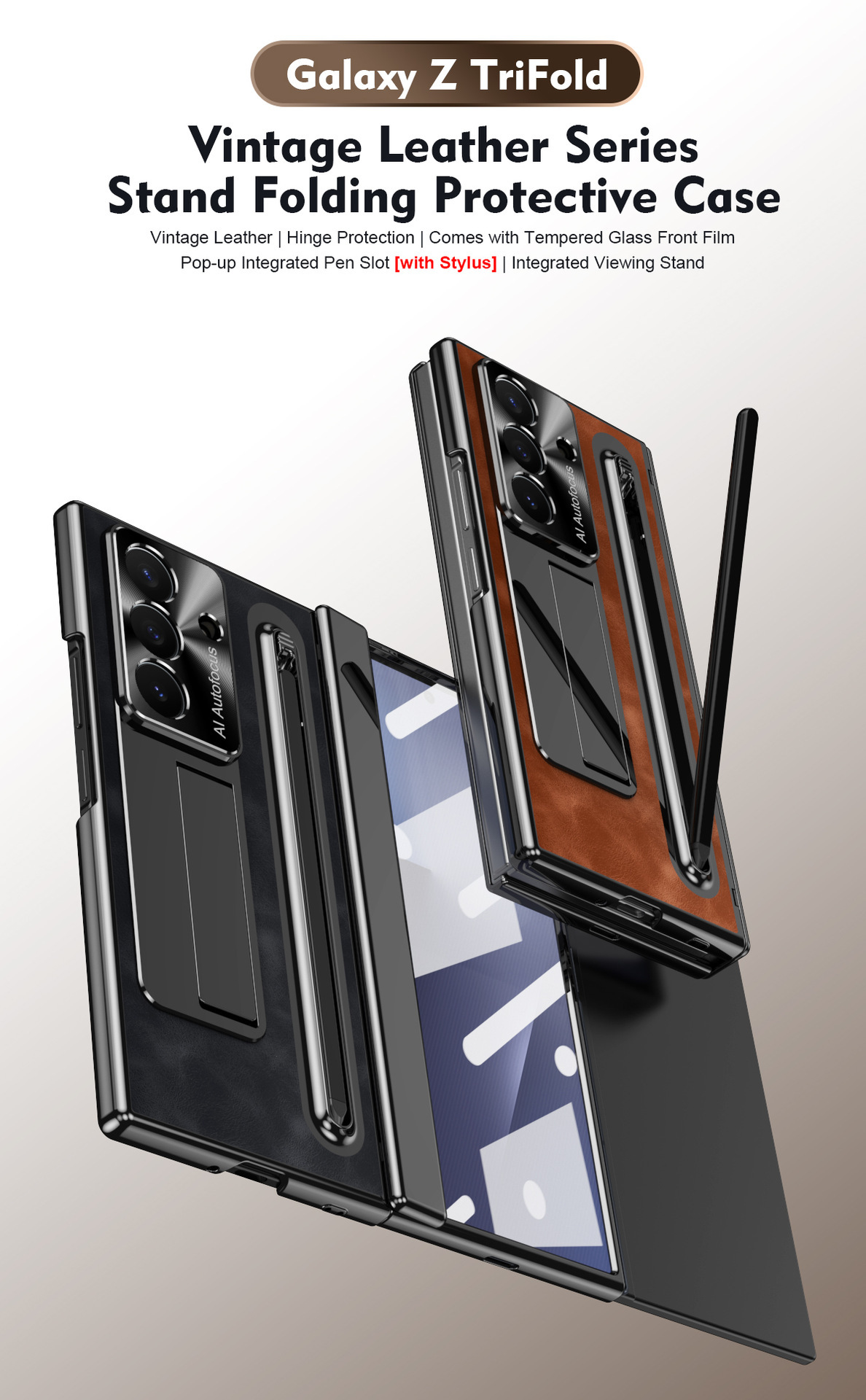 TriFold case with pen, W25 hinge, full coverage 6/5 folding screen protective case for Samsung Z Fold 8/7 phones.