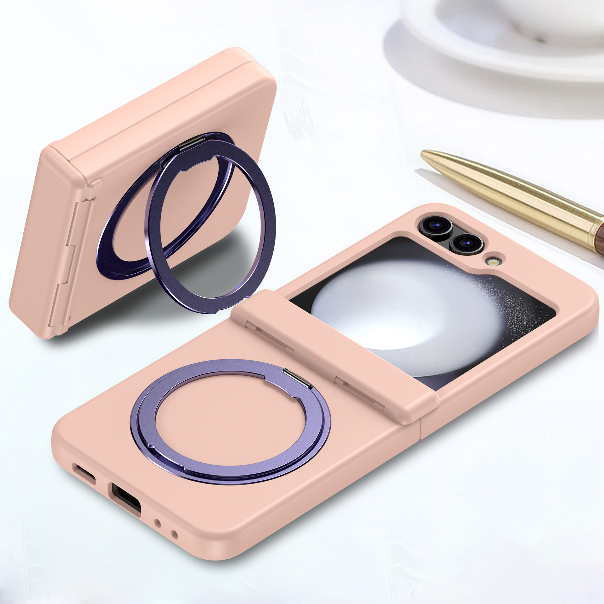 Compatible with Samsung Z Flip 7/6/5 phone case, 4/3 magnetic rotating stand, wireless charging center axis, drop-proof protective case.