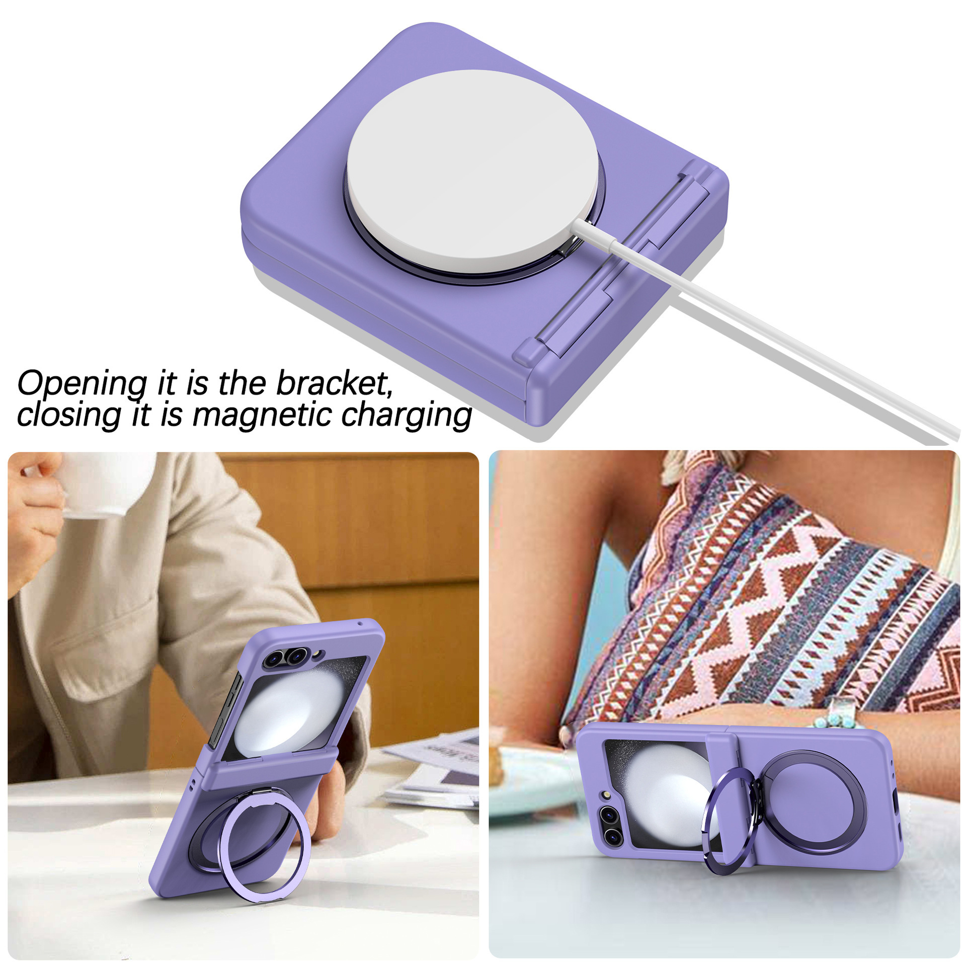 Compatible with Samsung Z Flip 7/6/5 phone case, 4/3 magnetic rotating stand, wireless charging center axis, drop-proof protective case.