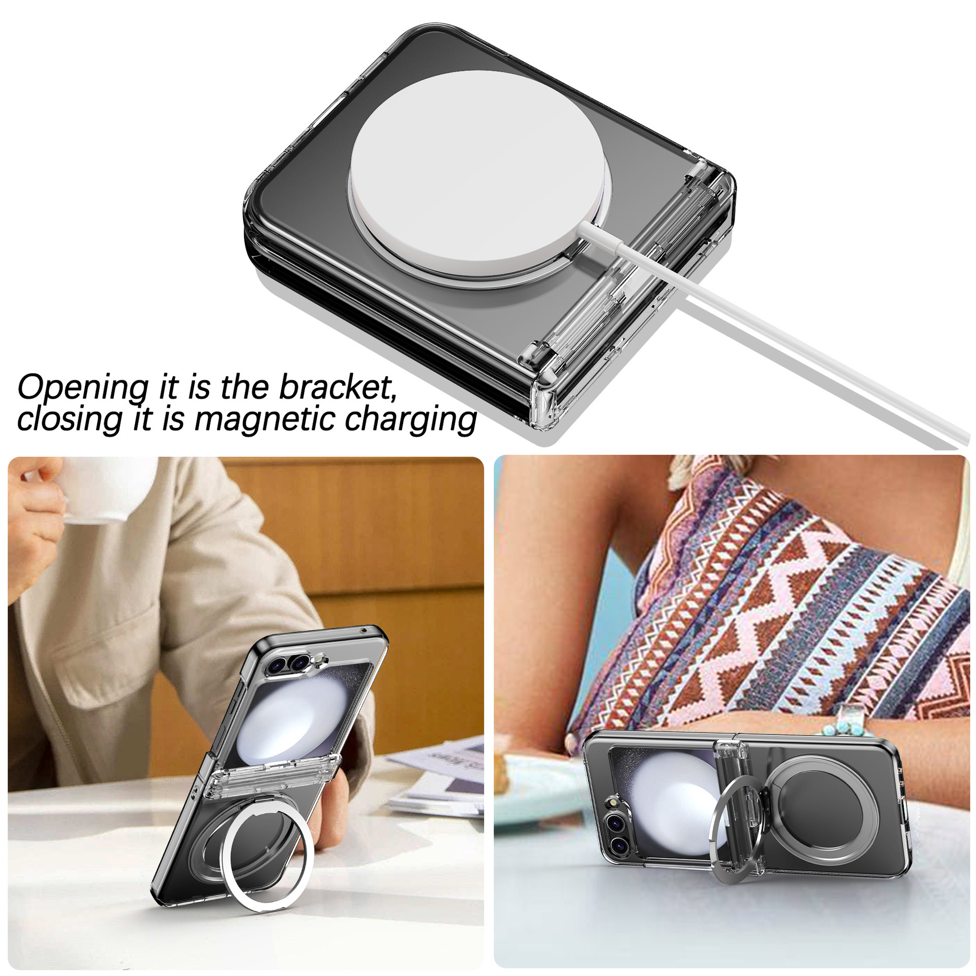 Compatible with Samsung Z Flip 7/6/5 phone case, 4/3 magnetic rotating stand, wireless charging center axis, drop-proof protective case.