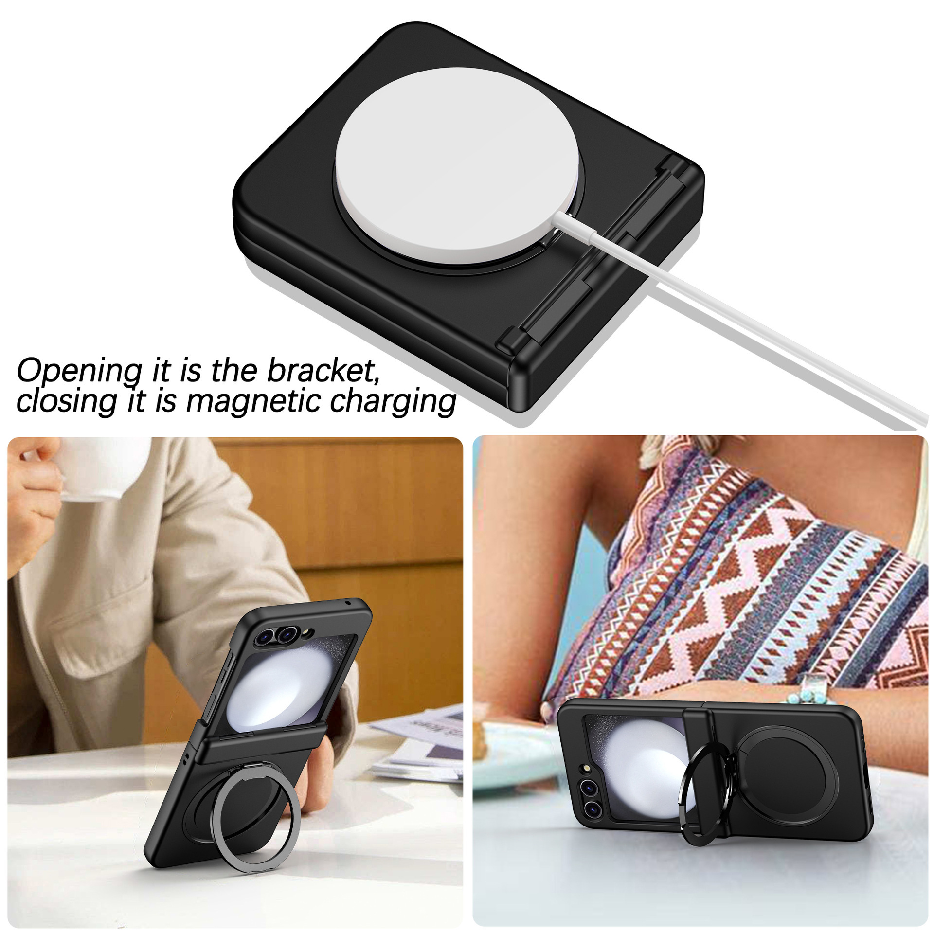 Compatible with Samsung Z Flip 7/6/5 phone case, 4/3 magnetic rotating stand, wireless charging center axis, drop-proof protective case.