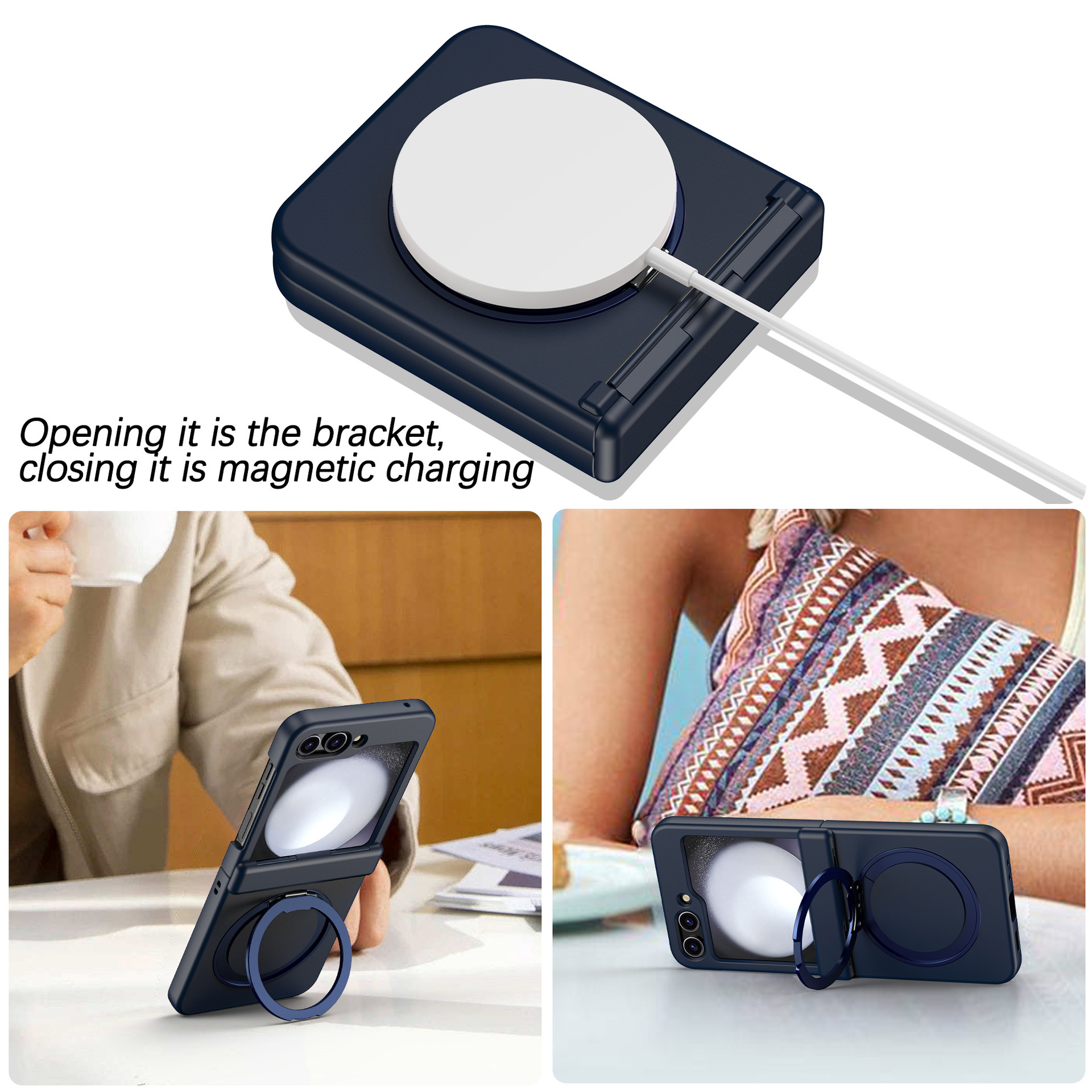 Compatible with Samsung Z Flip 7/6/5 phone case, 4/3 magnetic rotating stand, wireless charging center axis, drop-proof protective case.