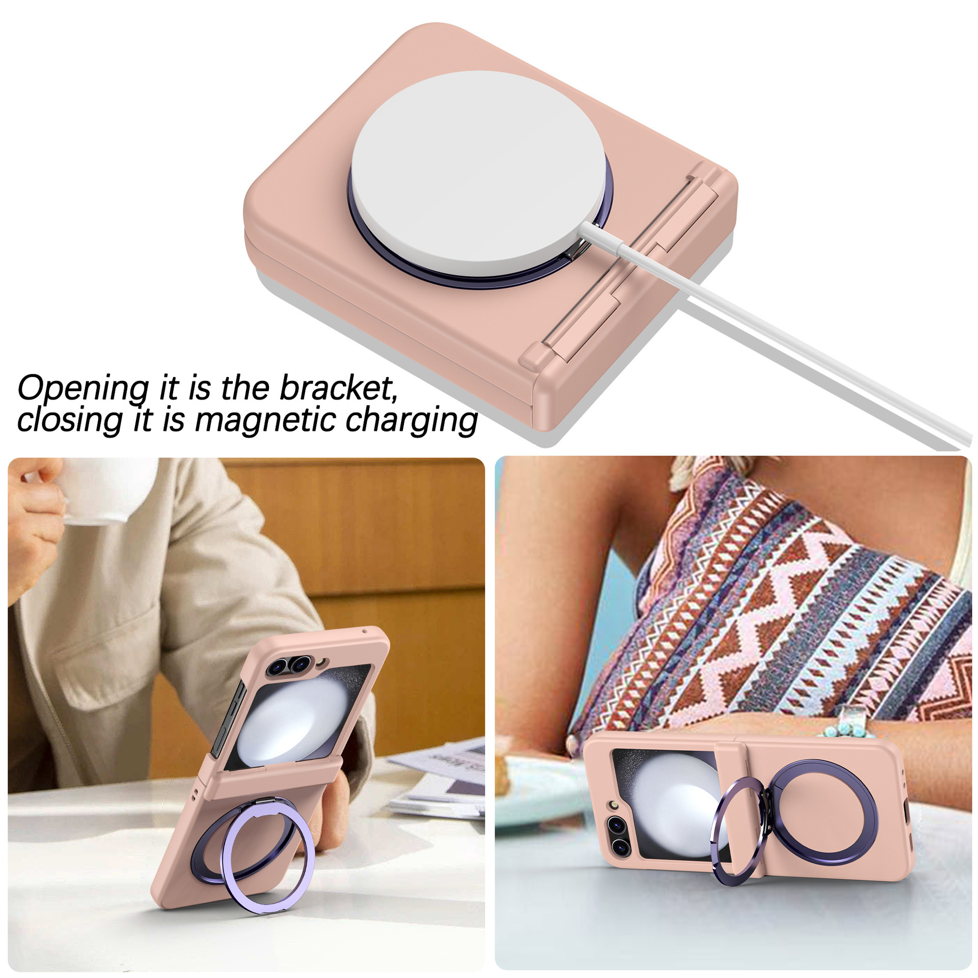 Compatible with Samsung Z Flip 7/6/5 phone case, 4/3 magnetic rotating stand, wireless charging center axis, drop-proof protective case.