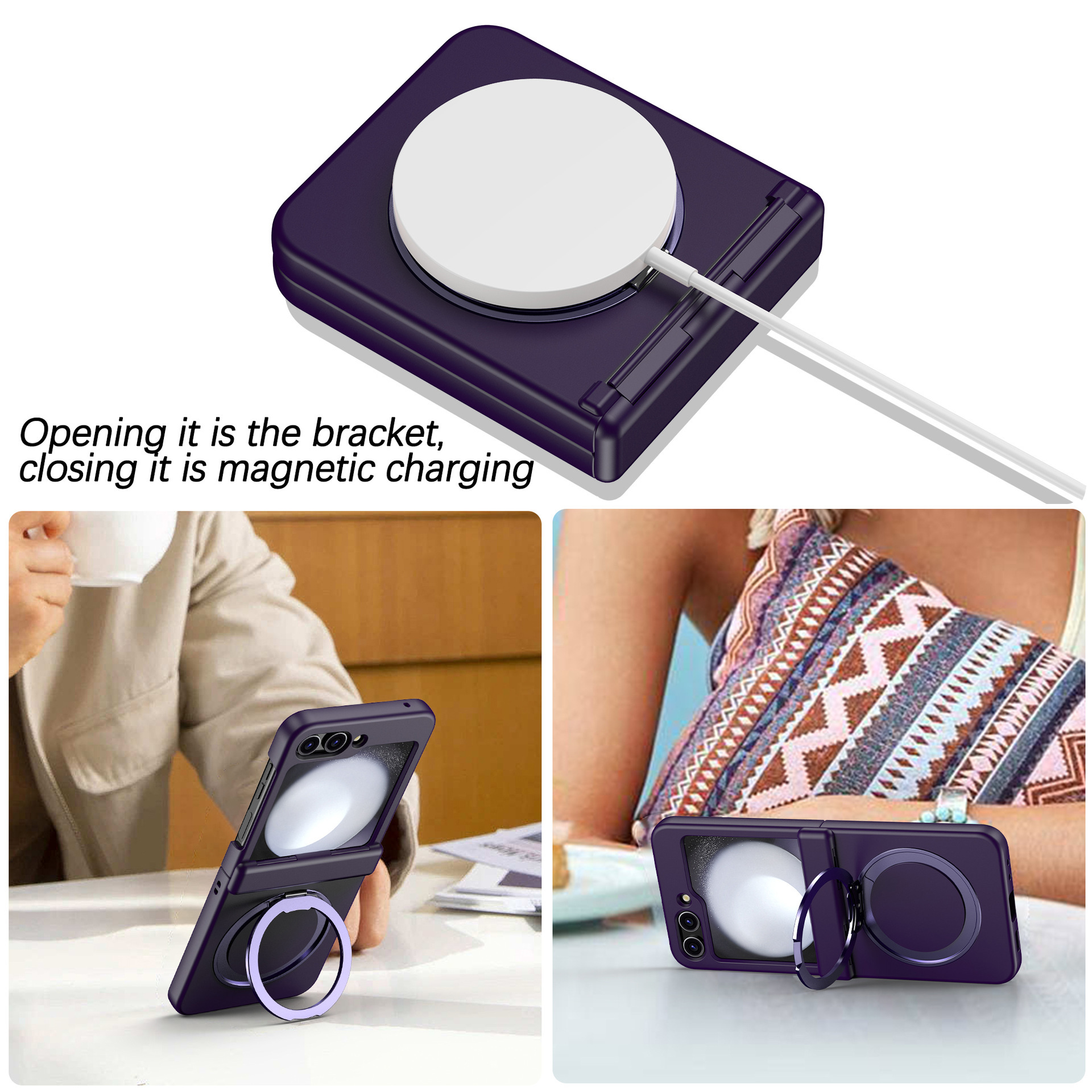 Compatible with Samsung Z Flip 7/6/5 phone case, 4/3 magnetic rotating stand, wireless charging center axis, drop-proof protective case.