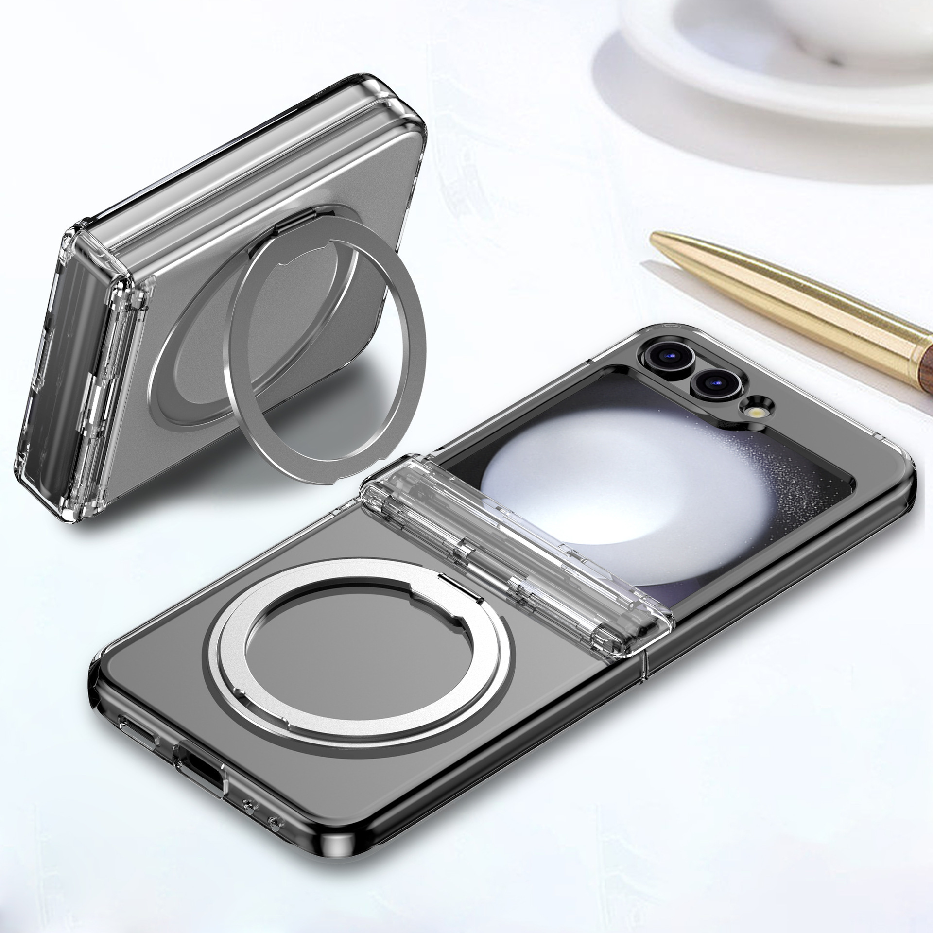 Compatible with Samsung Z Flip 7/6/5 phone case, 4/3 magnetic rotating stand, wireless charging center axis, drop-proof protective case.