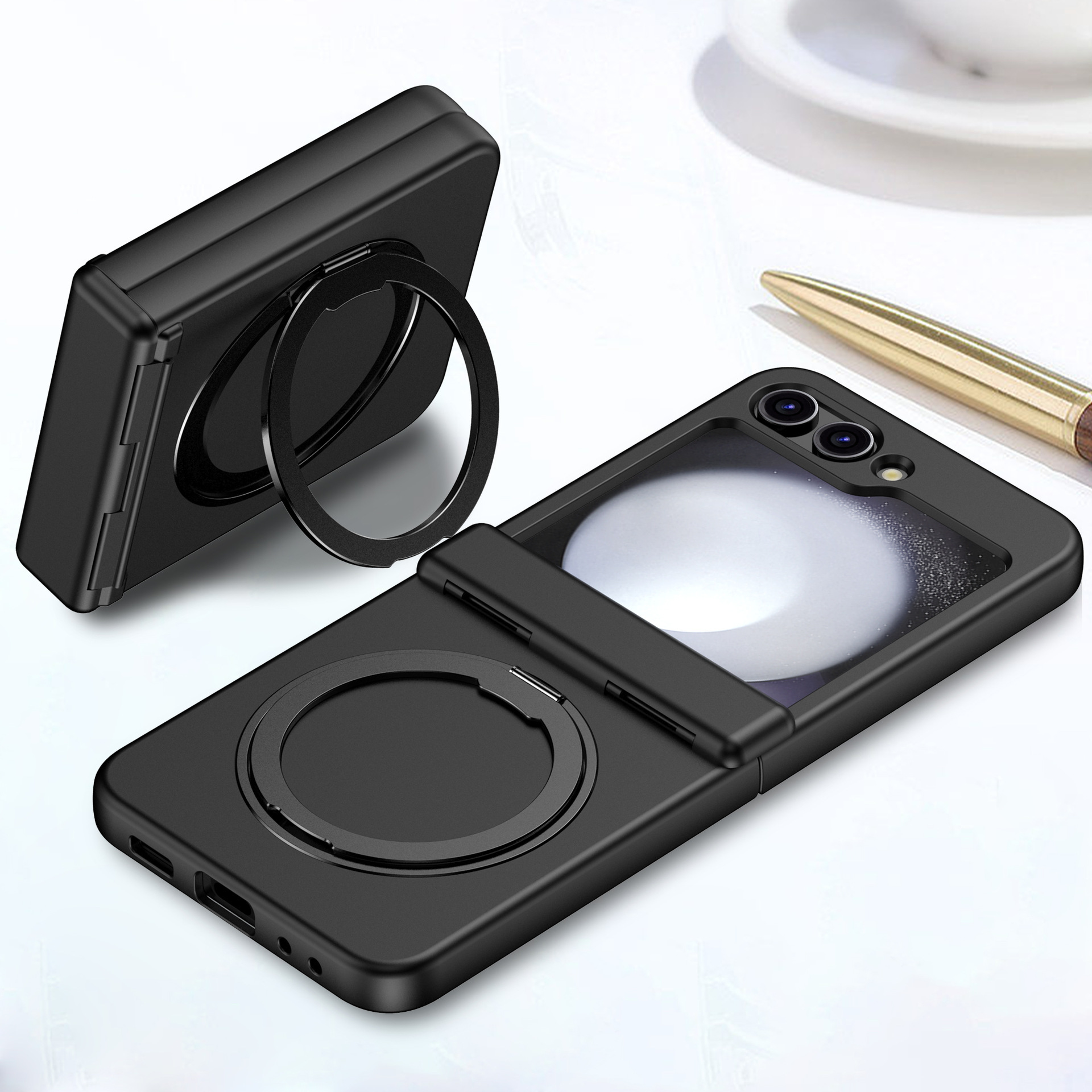 Compatible with Samsung Z Flip 7/6/5 phone case, 4/3 magnetic rotating stand, wireless charging center axis, drop-proof protective case.