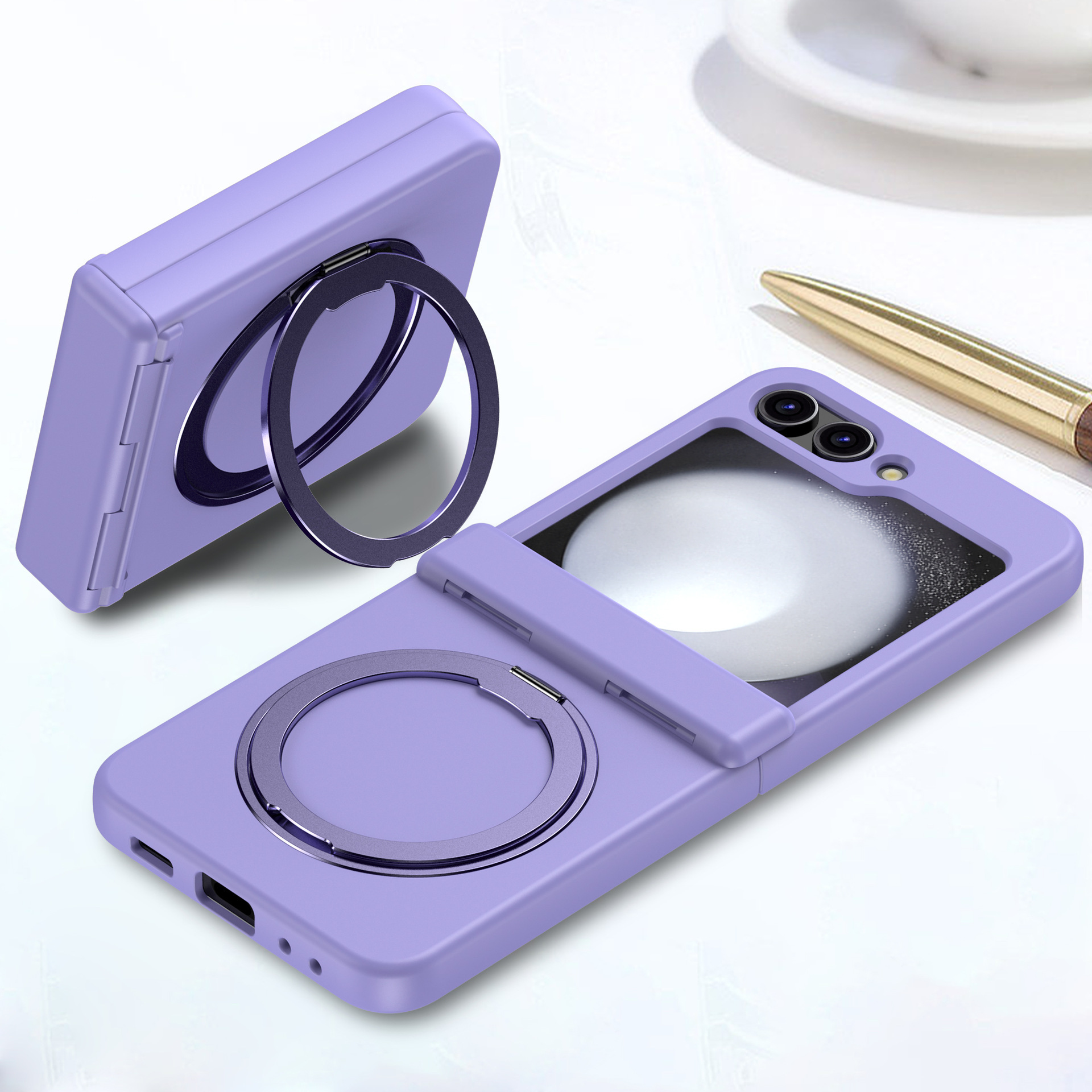 Compatible with Samsung Z Flip 7/6/5 phone case, 4/3 magnetic rotating stand, wireless charging center axis, drop-proof protective case.