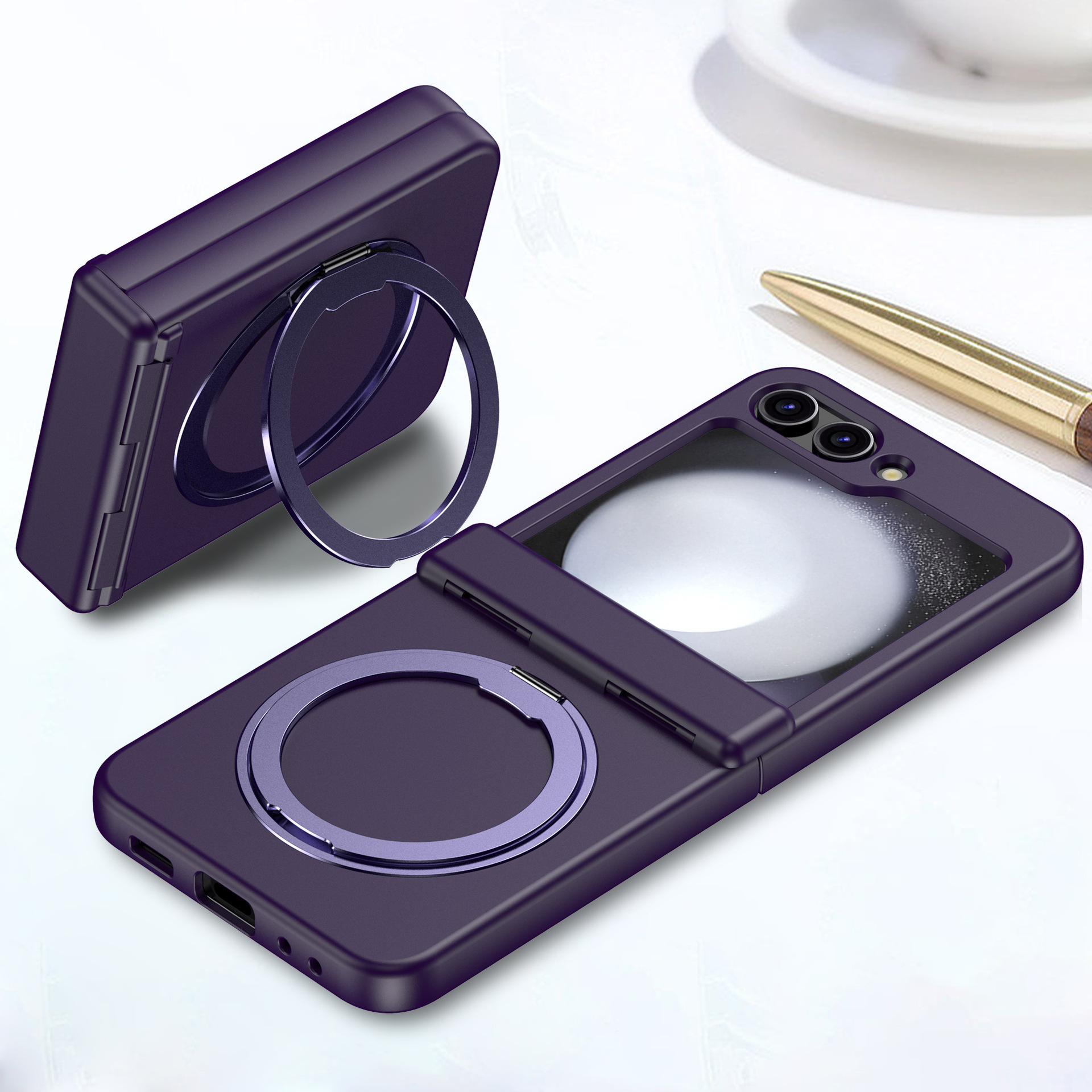 Compatible with Samsung Z Flip 7/6/5 phone case, 4/3 magnetic rotating stand, wireless charging center axis, drop-proof protective case.