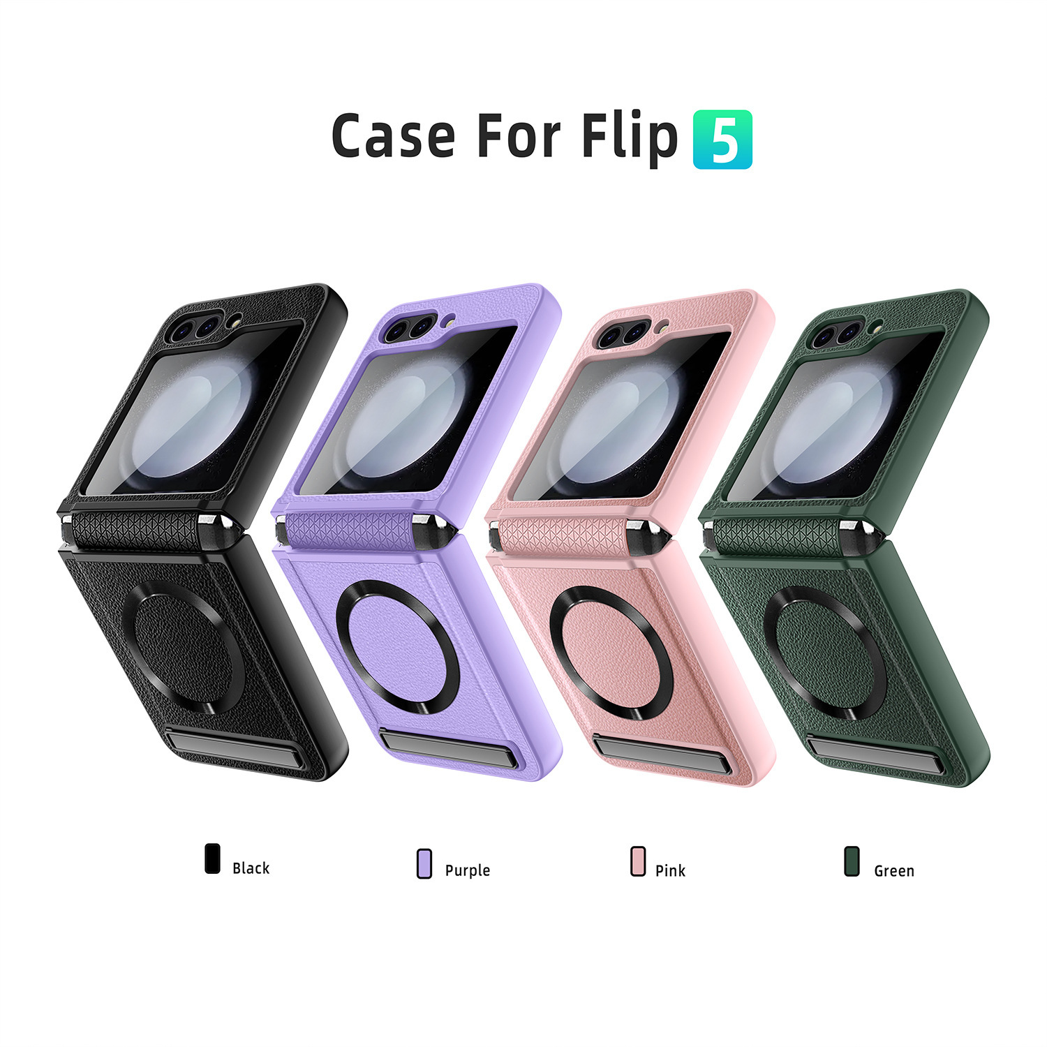 Compatible with Samsung Z Flip 7/6/5 phone case, 4/3 pebbled leather texture, magnetic charging case, screen protector, full-coverage protective case.