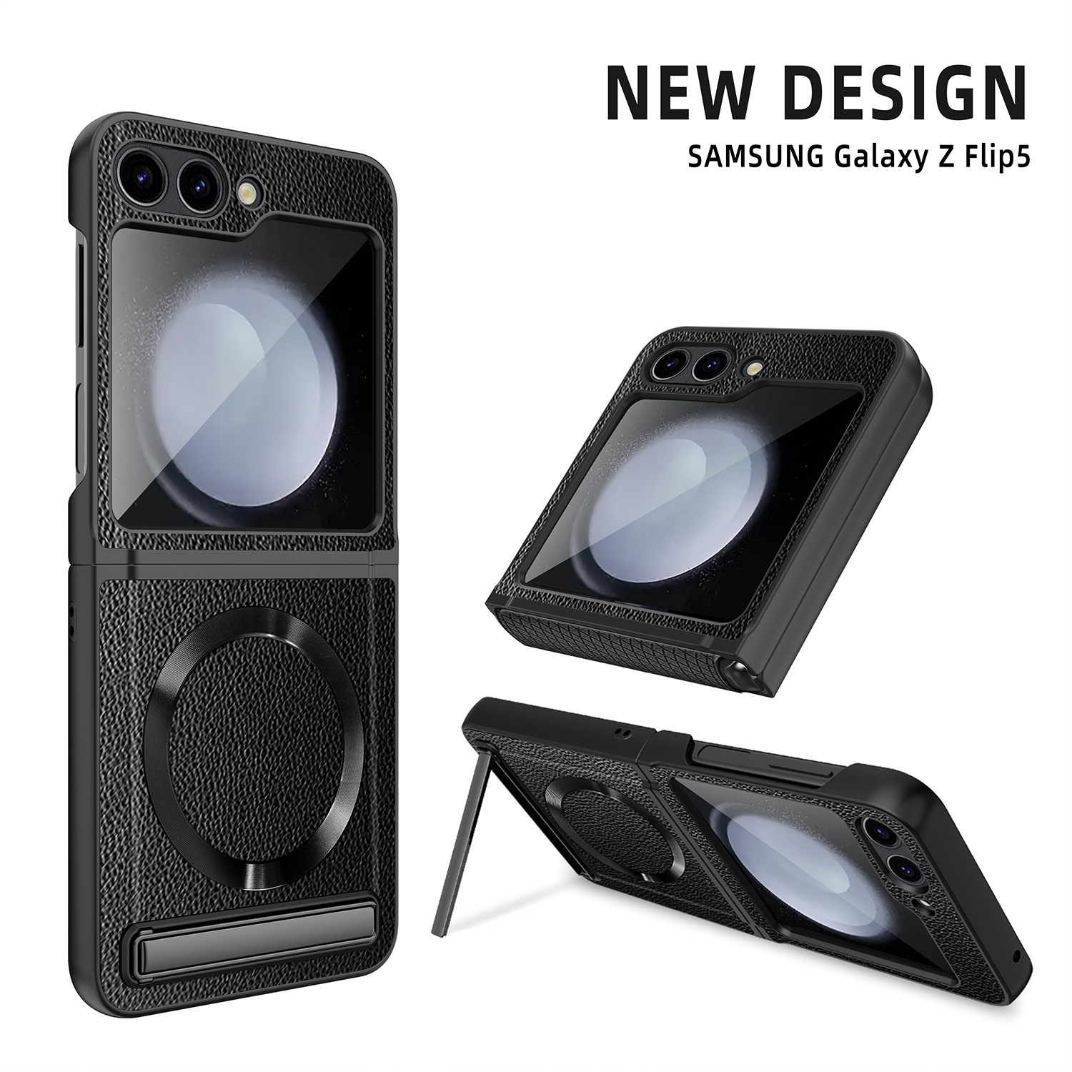 Compatible with Samsung Z Flip 7/6/5 phone case, 4/3 pebbled leather texture, magnetic charging case, screen protector, full-coverage protective case.