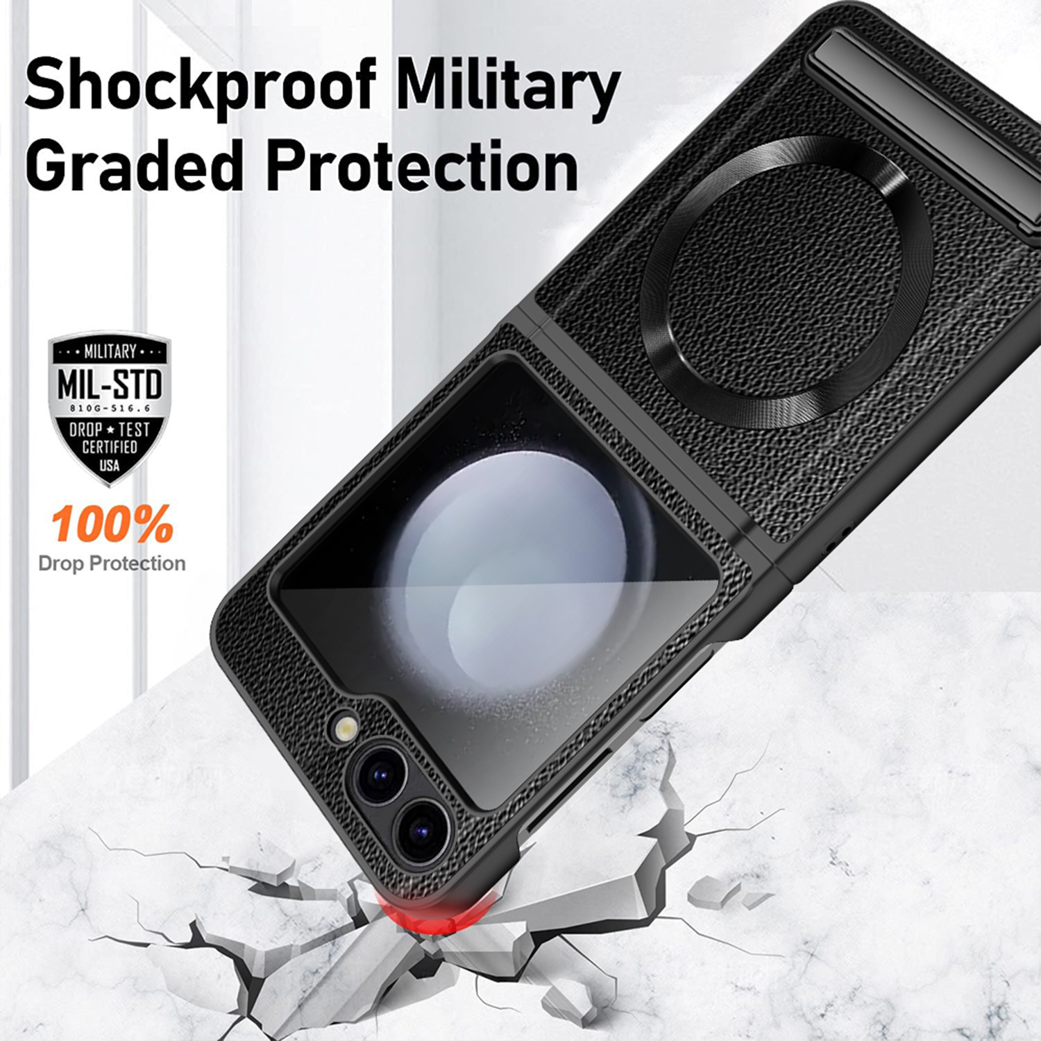 Compatible with Samsung Z Flip 7/6/5 phone case, 4/3 pebbled leather texture, magnetic charging case, screen protector, full-coverage protective case.