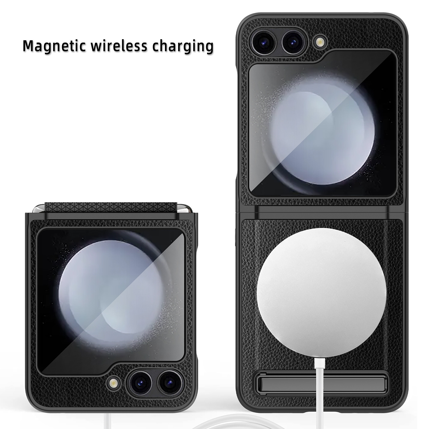 Compatible with Samsung Z Flip 7/6/5 phone case, 4/3 pebbled leather texture, magnetic charging case, screen protector, full-coverage protective case.