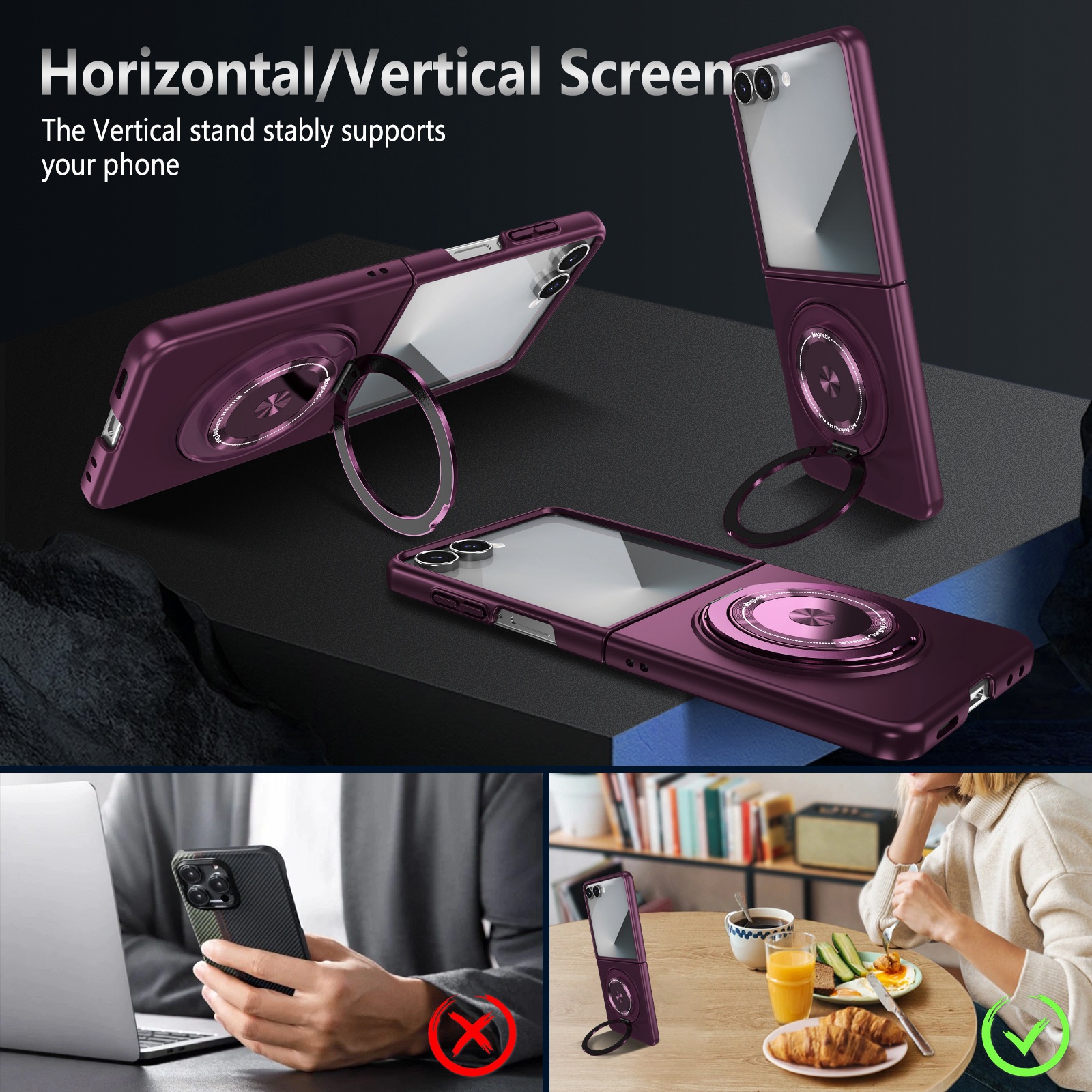 Compatible with Samsung Z Flip 8/7 phone case, 6/5 magnetic 360° rotating stand, 4/3 folding screen drop protection case