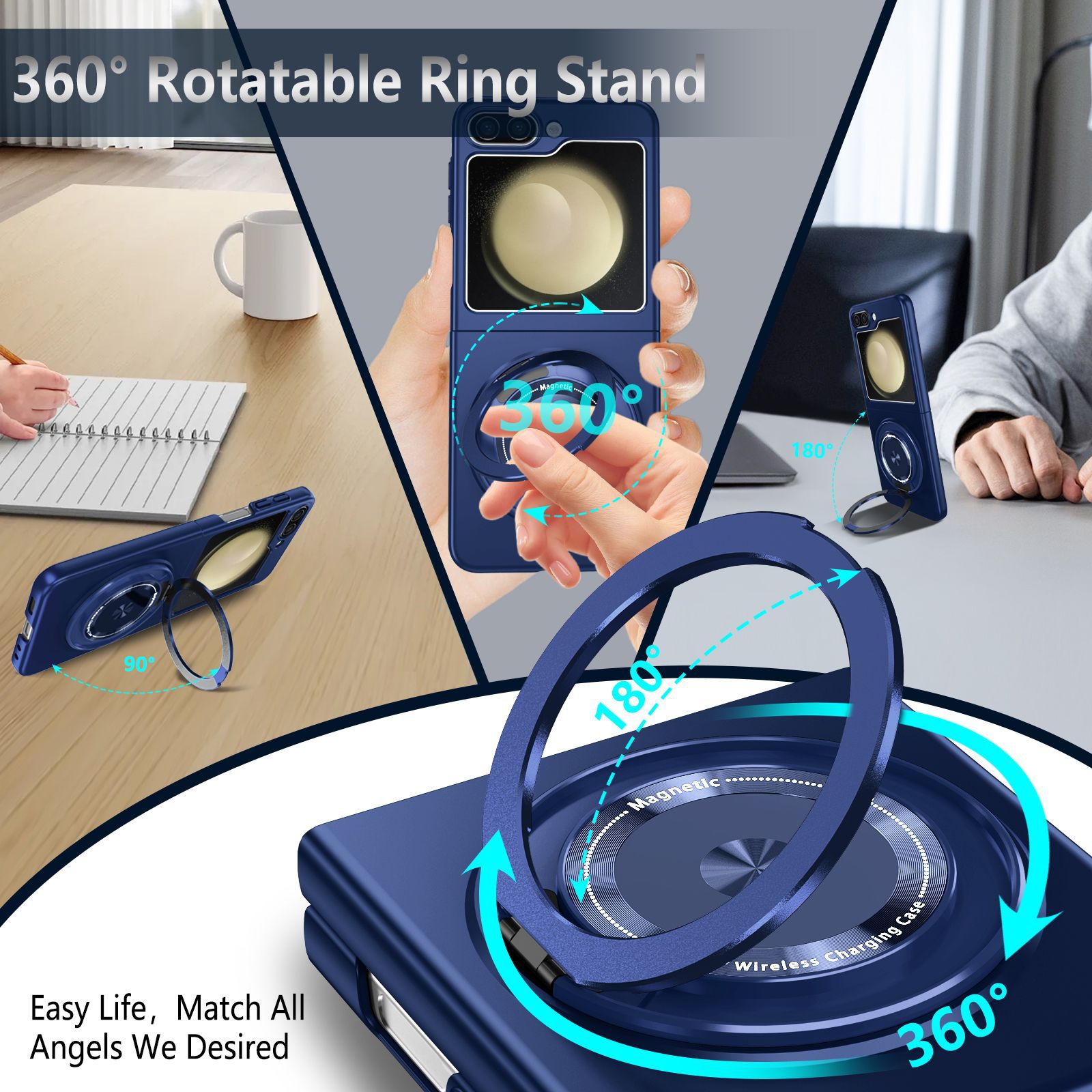 Compatible with Samsung Z Flip 8/7 phone case, 6/5 magnetic 360° rotating stand, 4/3 folding screen drop protection case