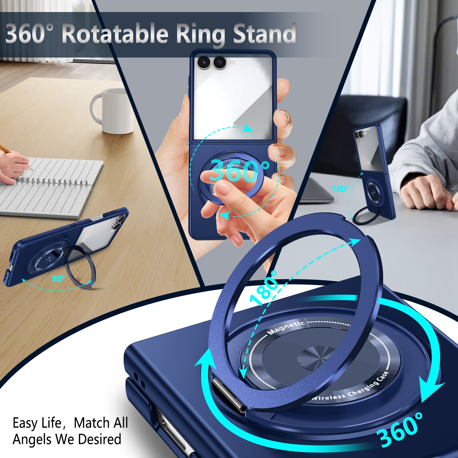 Compatible with Samsung Z Flip 8/7 phone case, 6/5 magnetic 360° rotating stand, 4/3 folding screen drop protection case