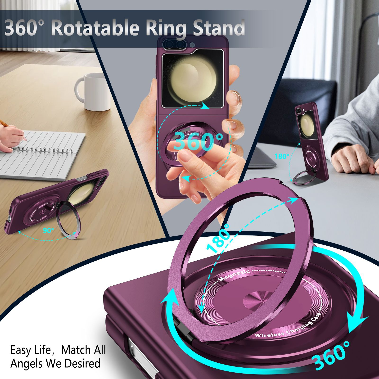 Compatible with Samsung Z Flip 8/7 phone case, 6/5 magnetic 360° rotating stand, 4/3 folding screen drop protection case