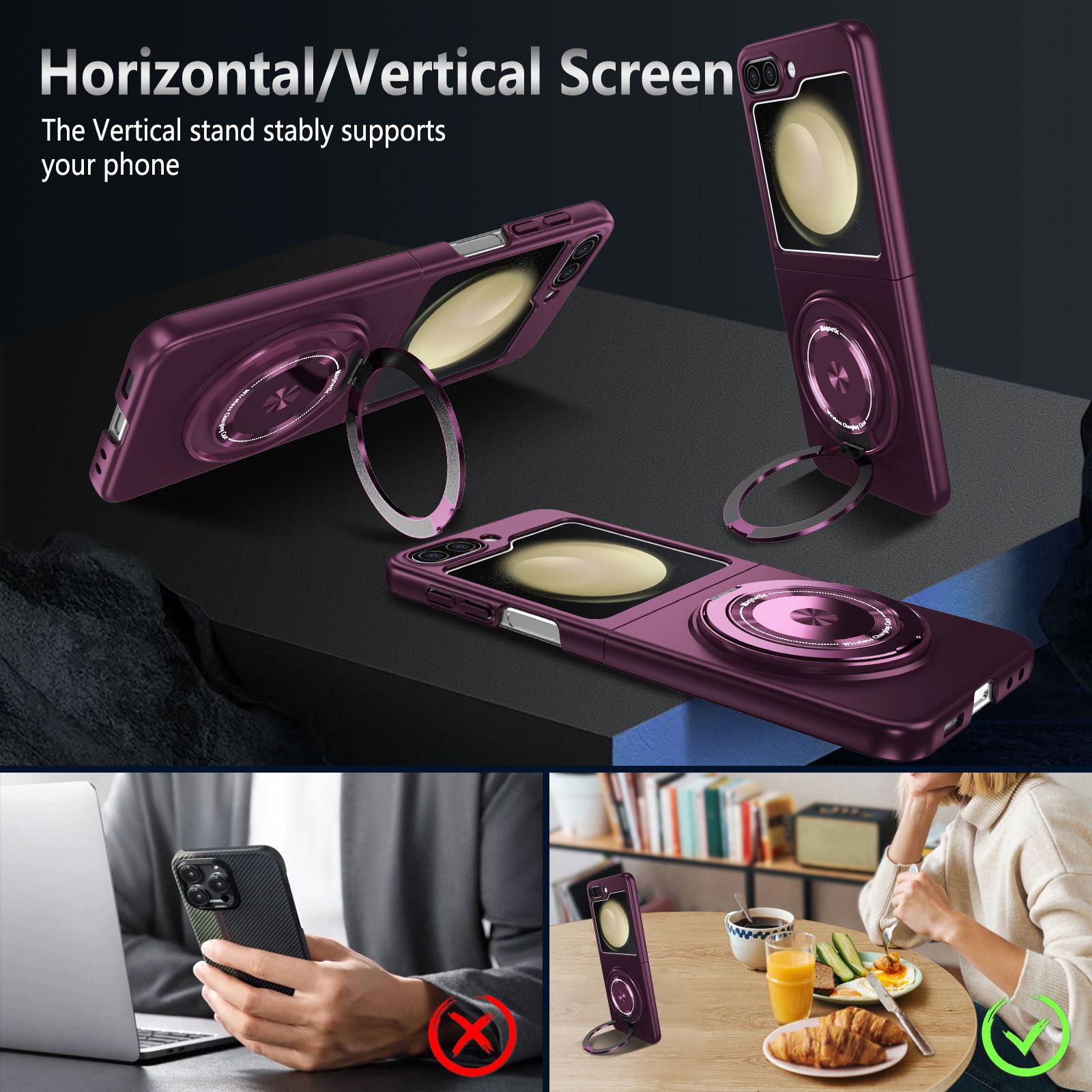 Compatible with Samsung Z Flip 8/7 phone case, 6/5 magnetic 360° rotating stand, 4/3 folding screen drop protection case