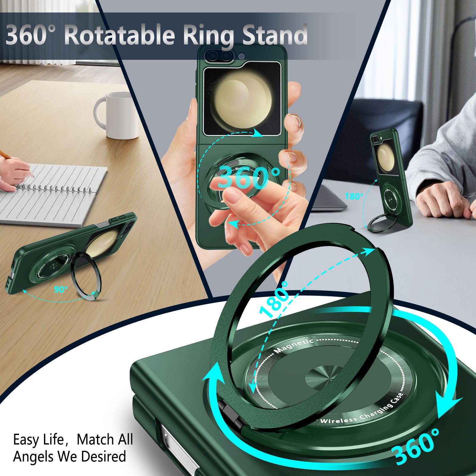 Compatible with Samsung Z Flip 8/7 phone case, 6/5 magnetic 360° rotating stand, 4/3 folding screen drop protection case