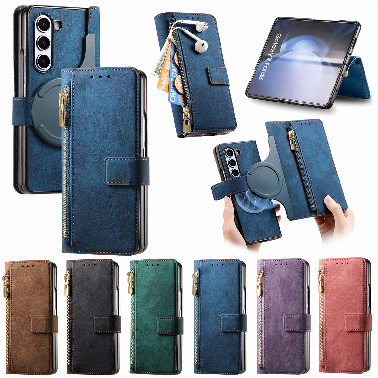 Compatible with Samsung Z Fold8U phone case, 7/6 magnetic detachable zipper, card slot, 5/4 flip cover, protective case.