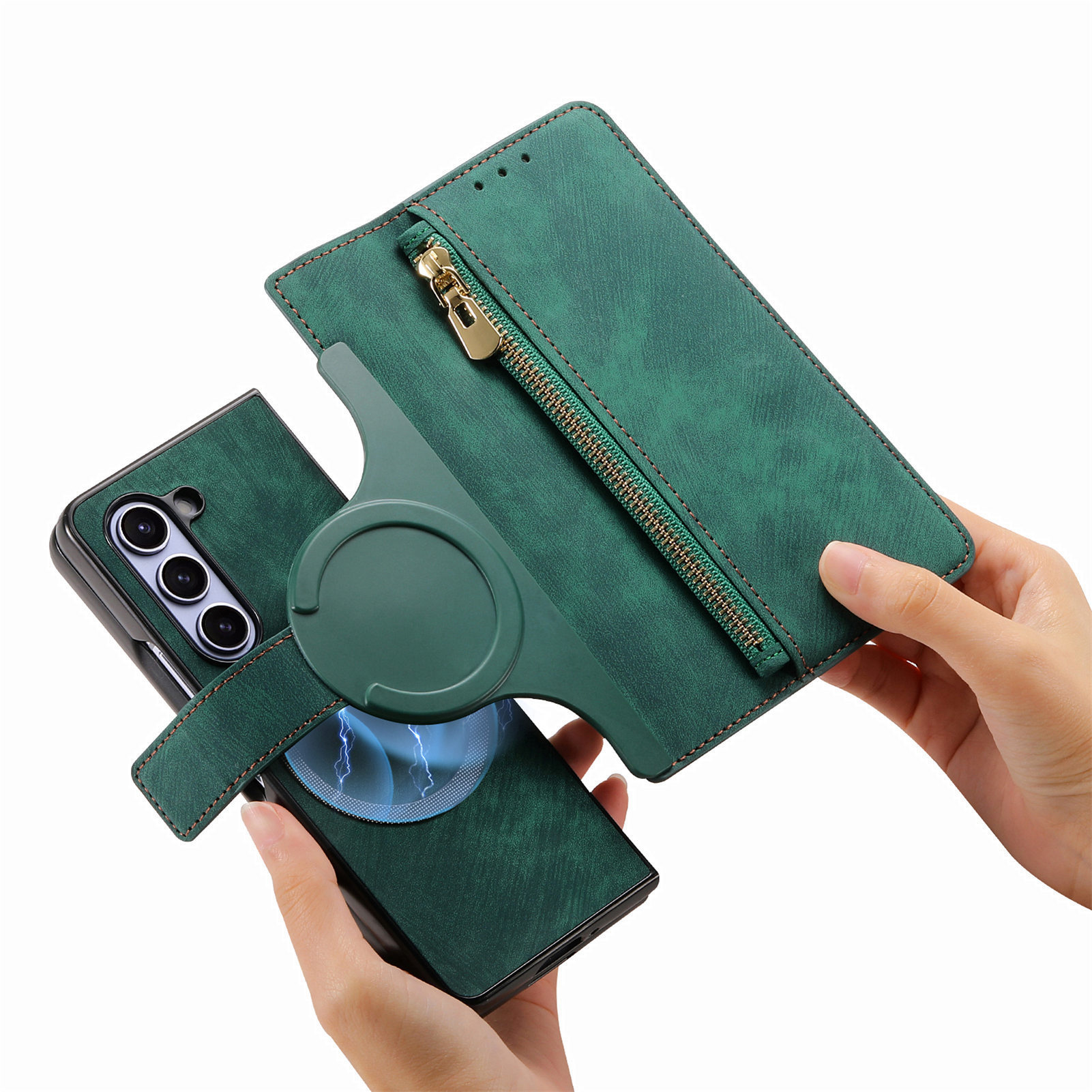 Compatible with Samsung Z Fold8U phone case, 7/6 magnetic detachable zipper, card slot, 5/4 flip cover, protective case.