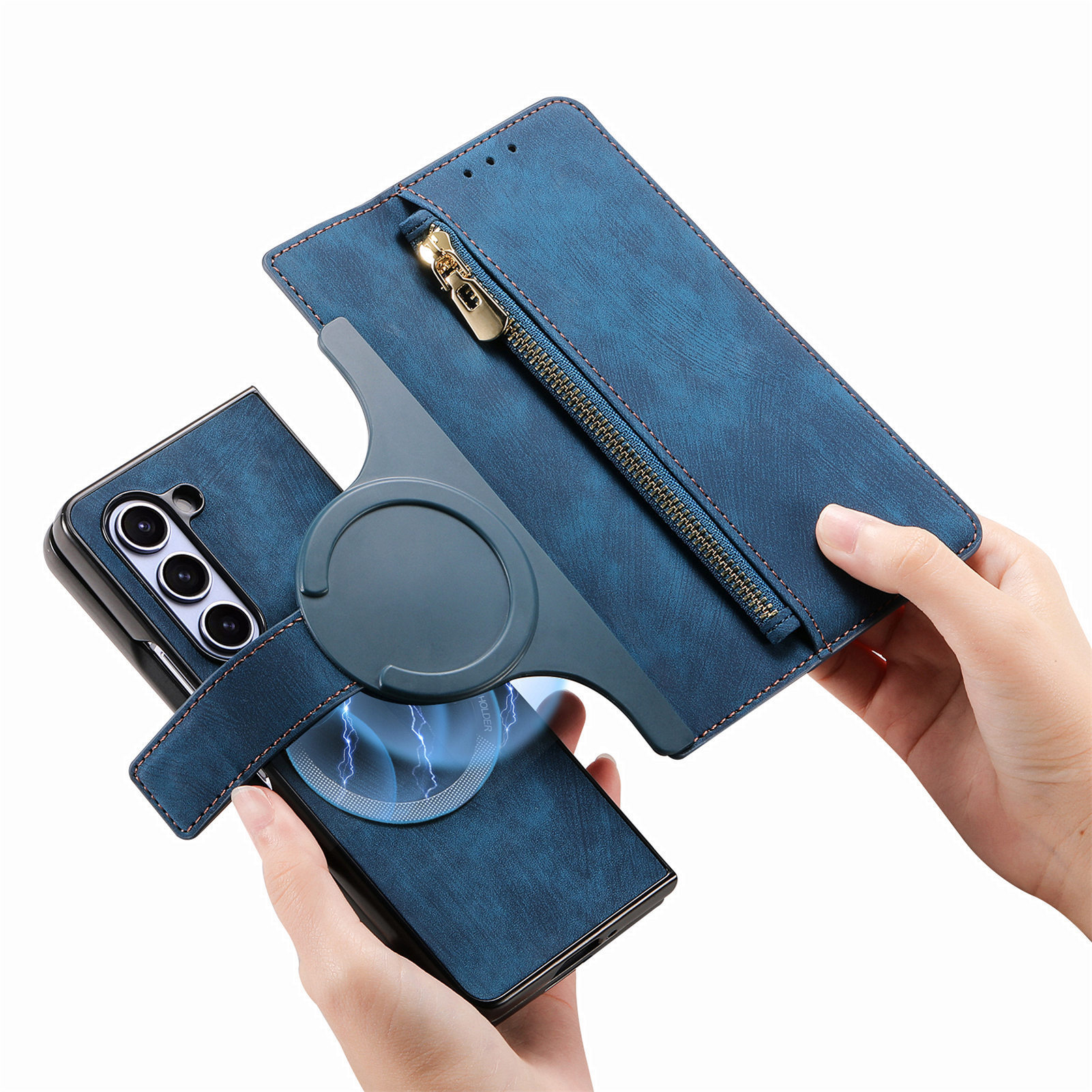 Compatible with Samsung Z Fold8U phone case, 7/6 magnetic detachable zipper, card slot, 5/4 flip cover, protective case.