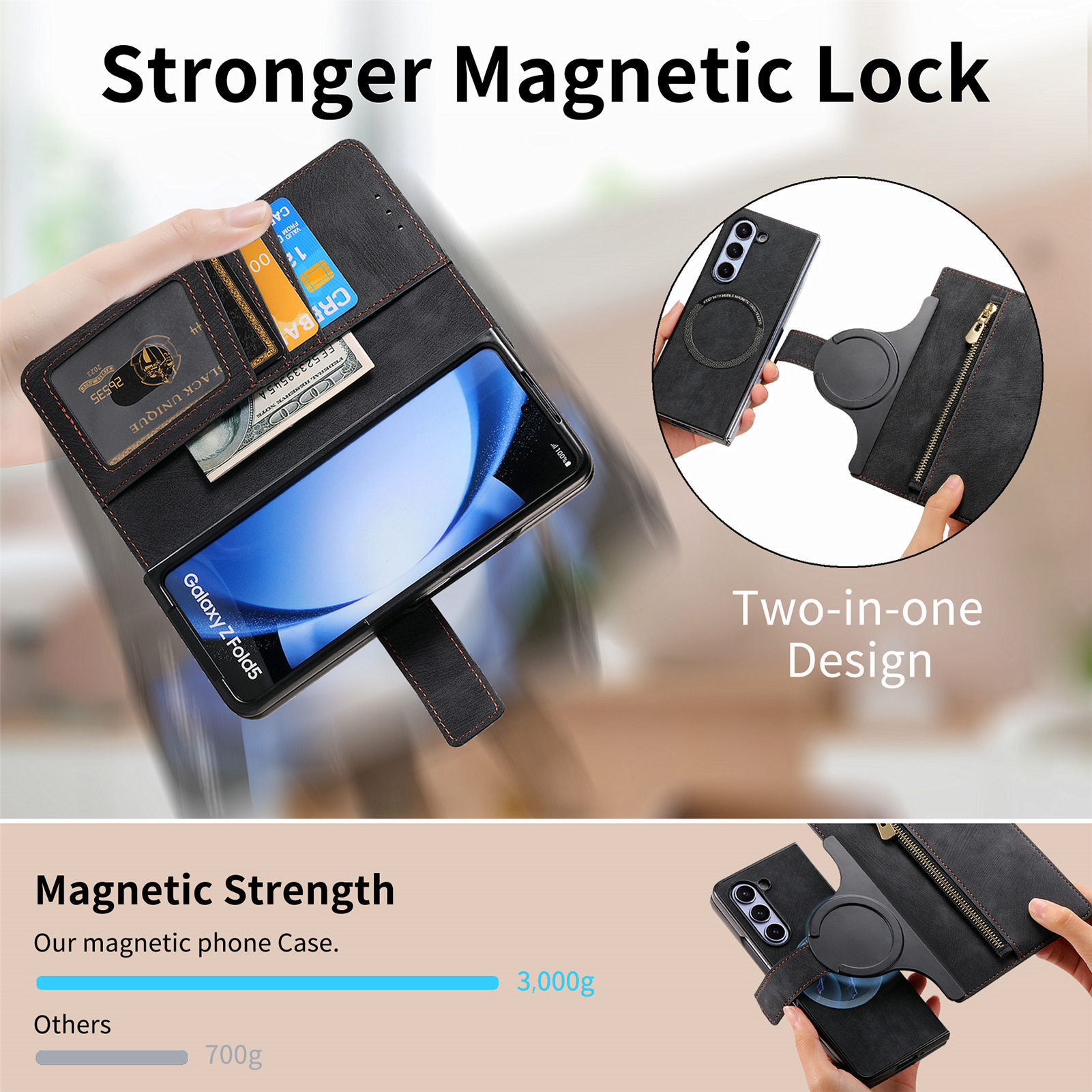 Compatible with Samsung Z Fold8U phone case, 7/6 magnetic detachable zipper, card slot, 5/4 flip cover, protective case.