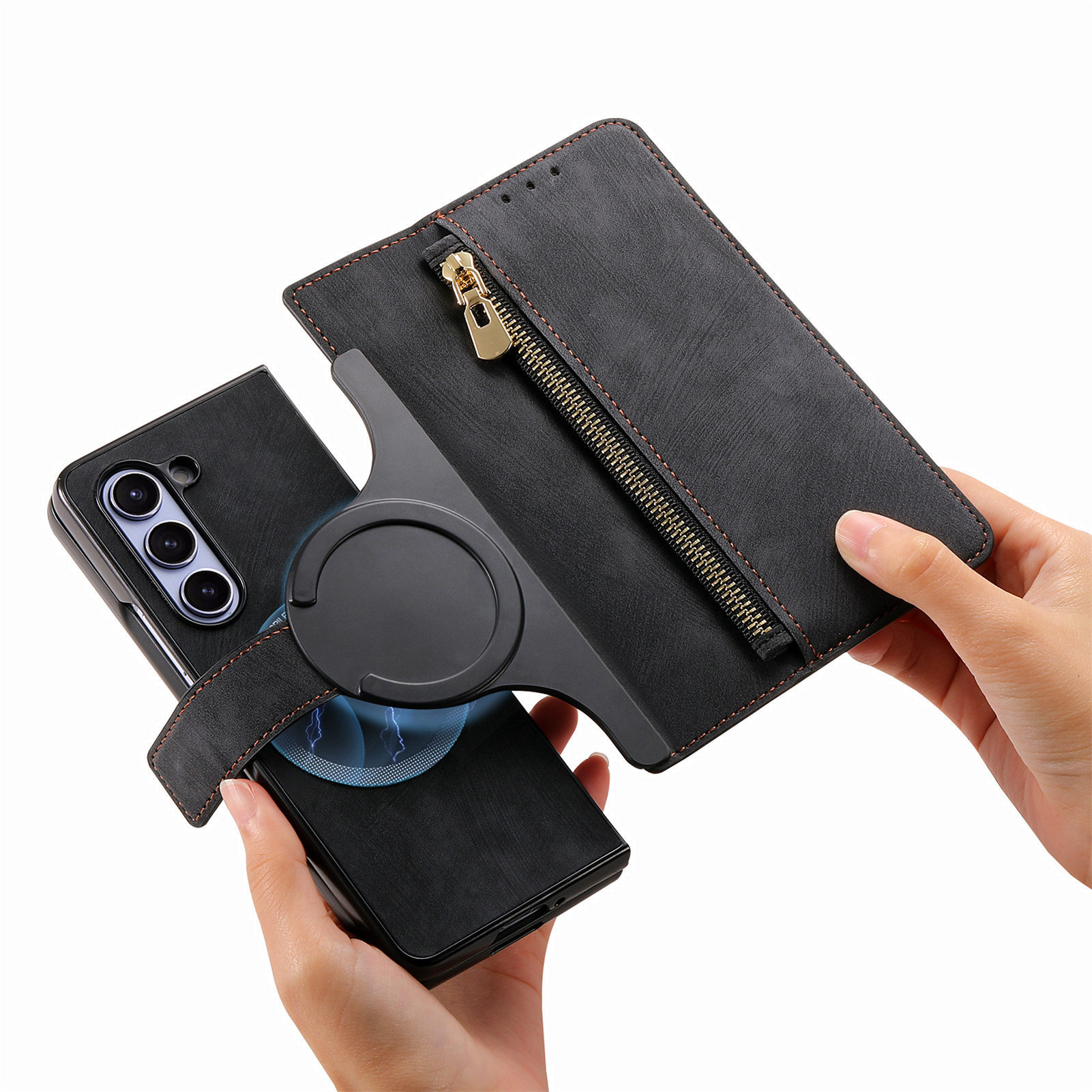 Compatible with Samsung Z Fold8U phone case, 7/6 magnetic detachable zipper, card slot, 5/4 flip cover, protective case.