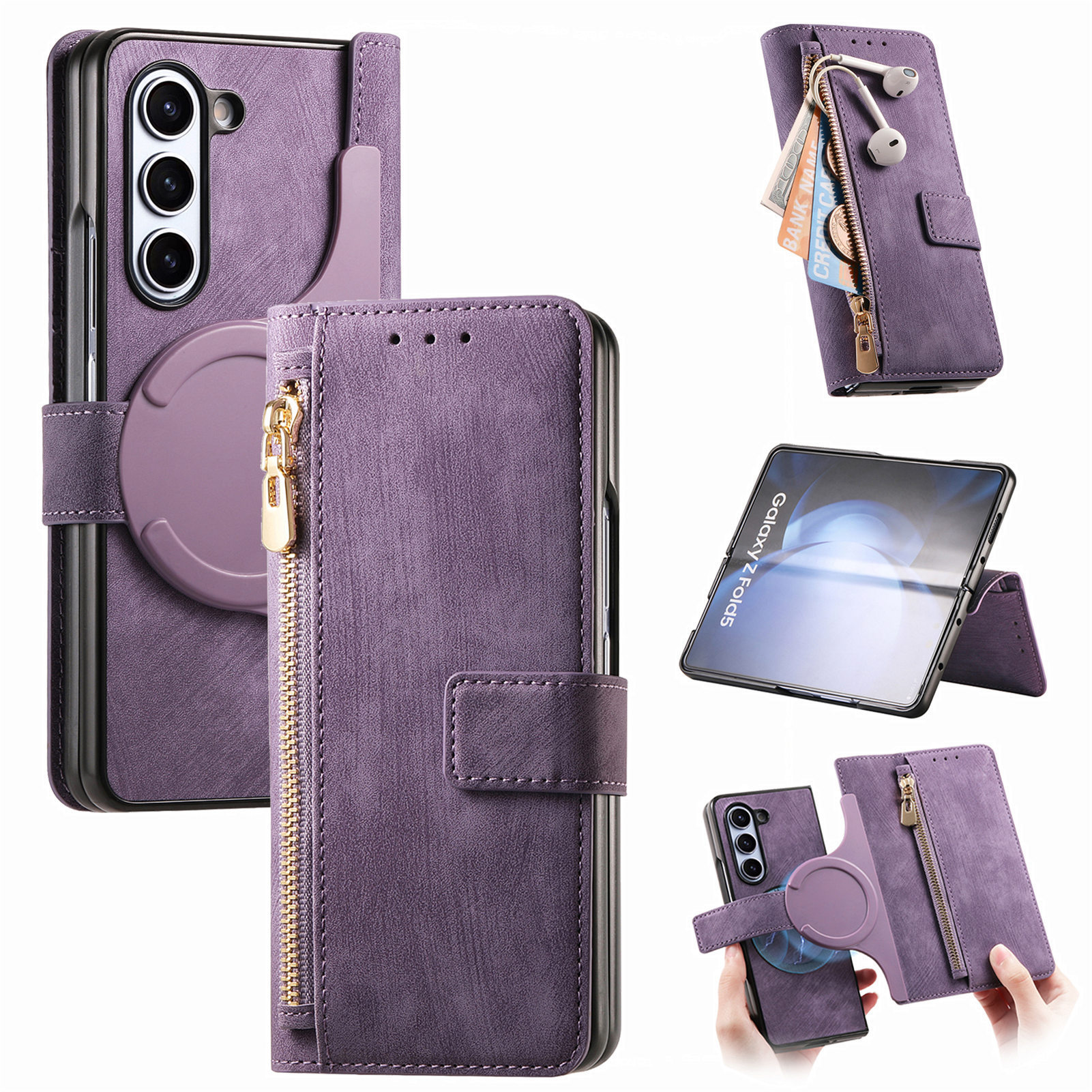 Compatible with Samsung Z Fold8U phone case, 7/6 magnetic detachable zipper, card slot, 5/4 flip cover, protective case.