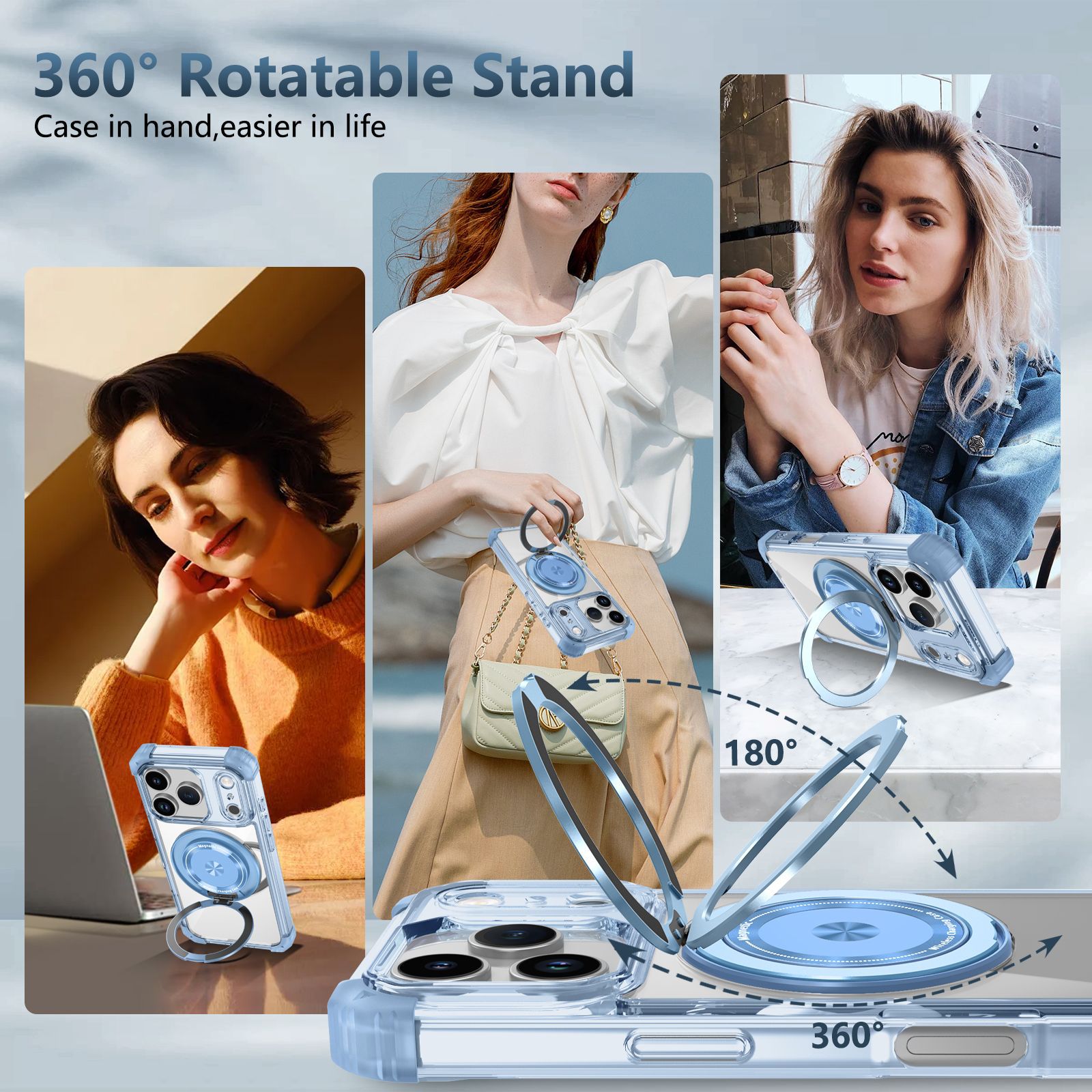 Compatible with Apple 17 Air, 16 Pro Max magnetic rotating stand, 15/14 Pro airbag drop protection case