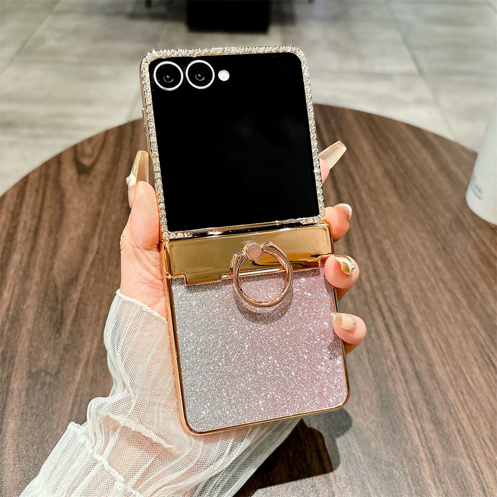 Compatible with Samsung ZFlip 8/7 phone case, 6/5 rhinestone glitter ring hinge, 4/3 folding screen, drop-proof protective case.