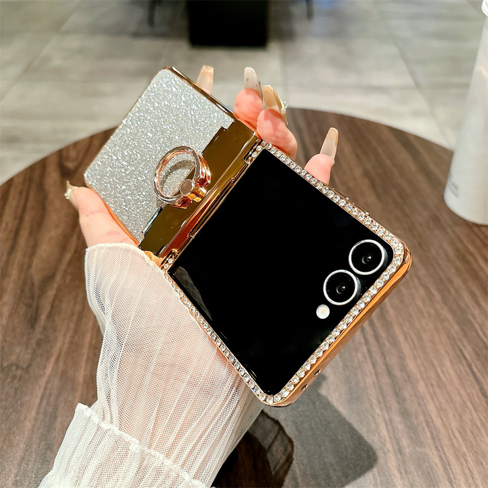 Compatible with Samsung ZFlip 8/7 phone case, 6/5 rhinestone glitter ring hinge, 4/3 folding screen, drop-proof protective case.