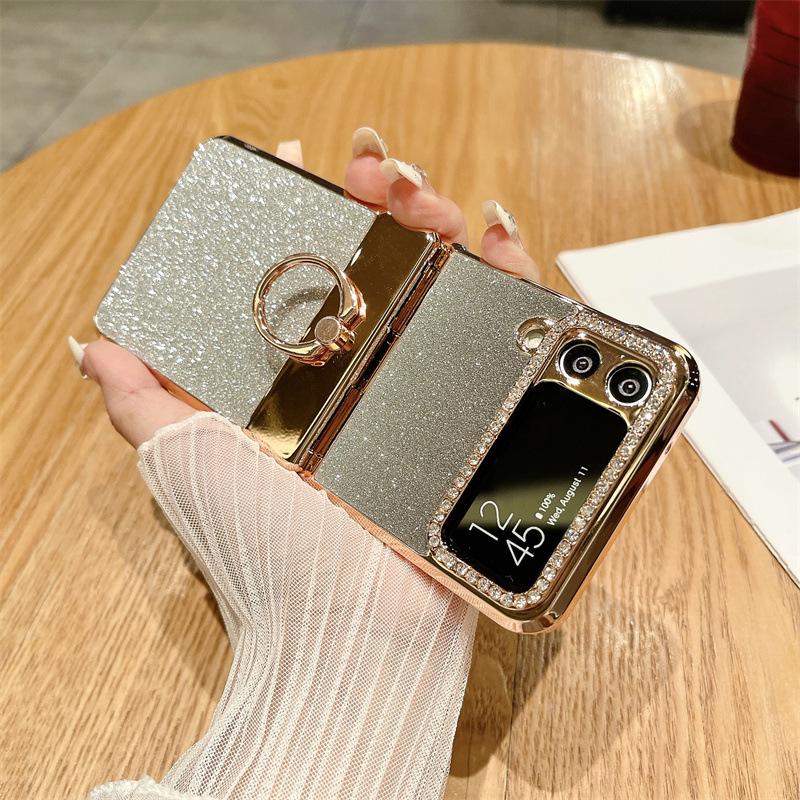 Compatible with Samsung ZFlip 8/7 phone case, 6/5 rhinestone glitter ring hinge, 4/3 folding screen, drop-proof protective case.