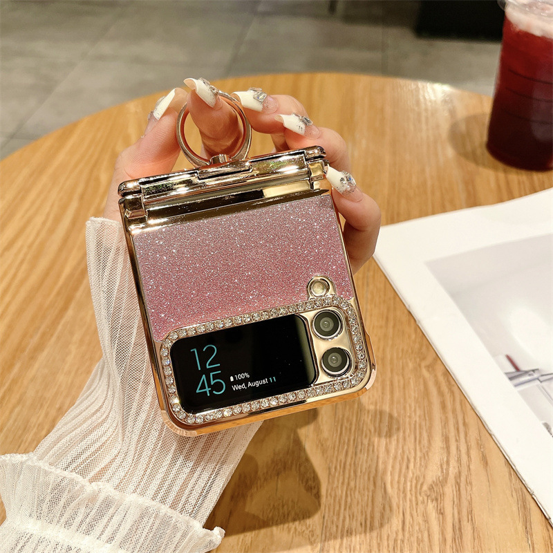 Compatible with Samsung ZFlip 8/7 phone case, 6/5 rhinestone glitter ring hinge, 4/3 folding screen, drop-proof protective case.