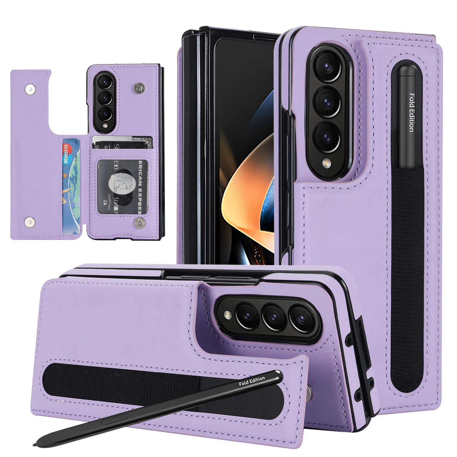 Compatible with Samsung Z Fold7/6/5 phone case, 4/3-inch double-buckle card slot pen case folding stand drop-proof protective case