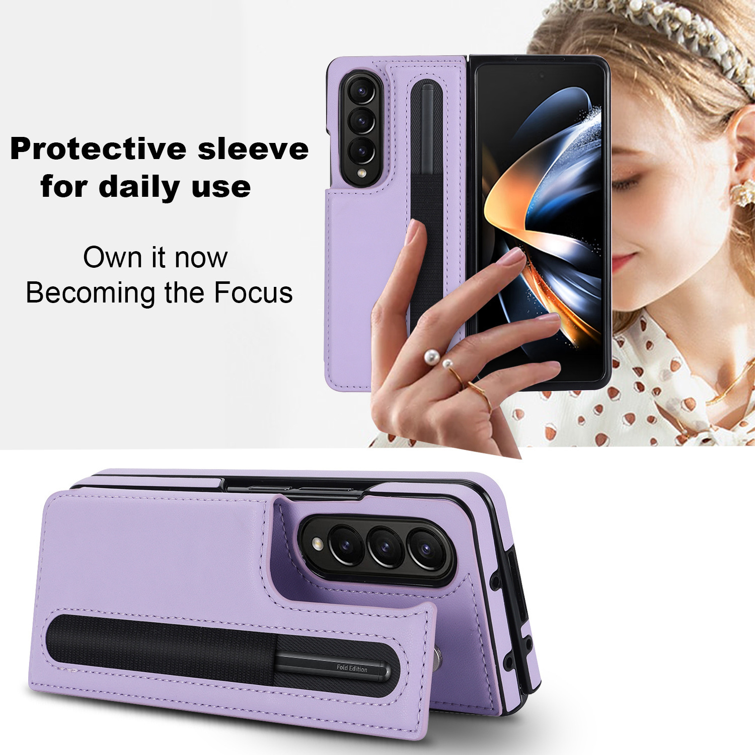 Compatible with Samsung Z Fold7/6/5 phone case, 4/3-inch double-buckle card slot pen case folding stand drop-proof protective case