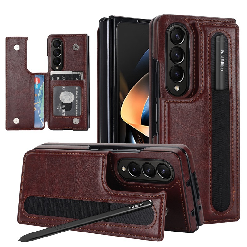 Compatible with Samsung Z Fold7/6/5 phone case, 4/3-inch double-buckle card slot pen case folding stand drop-proof protective case