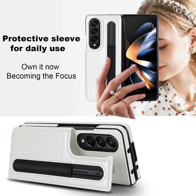 Compatible with Samsung Z Fold7/6/5 phone case, 4/3-inch double-buckle card slot pen case folding stand drop-proof protective case