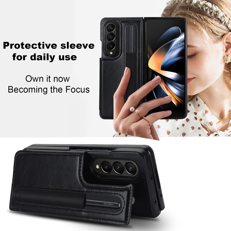 Compatible with Samsung Z Fold7/6/5 phone case, 4/3-inch double-buckle card slot pen case folding stand drop-proof protective case