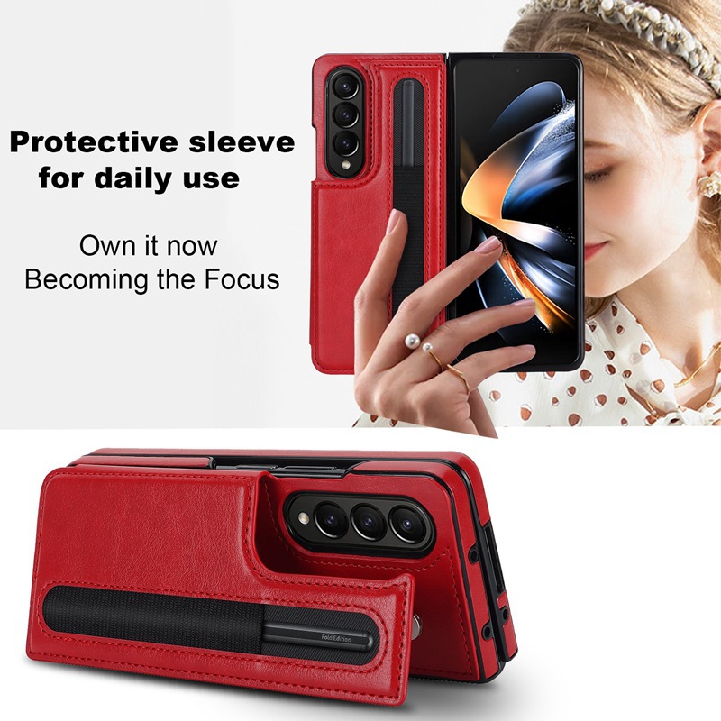 Compatible with Samsung Z Fold7/6/5 phone case, 4/3-inch double-buckle card slot pen case folding stand drop-proof protective case