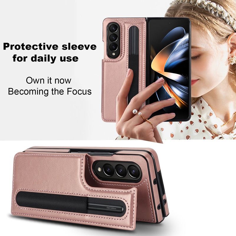 Compatible with Samsung Z Fold7/6/5 phone case, 4/3-inch double-buckle card slot pen case folding stand drop-proof protective case