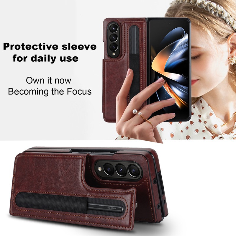 Compatible with Samsung Z Fold7/6/5 phone case, 4/3-inch double-buckle card slot pen case folding stand drop-proof protective case