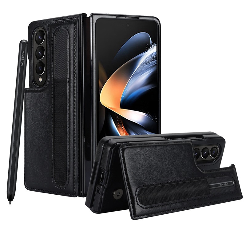 Compatible with Samsung Z Fold7/6/5 phone case, 4/3-inch double-buckle card slot pen case folding stand drop-proof protective case