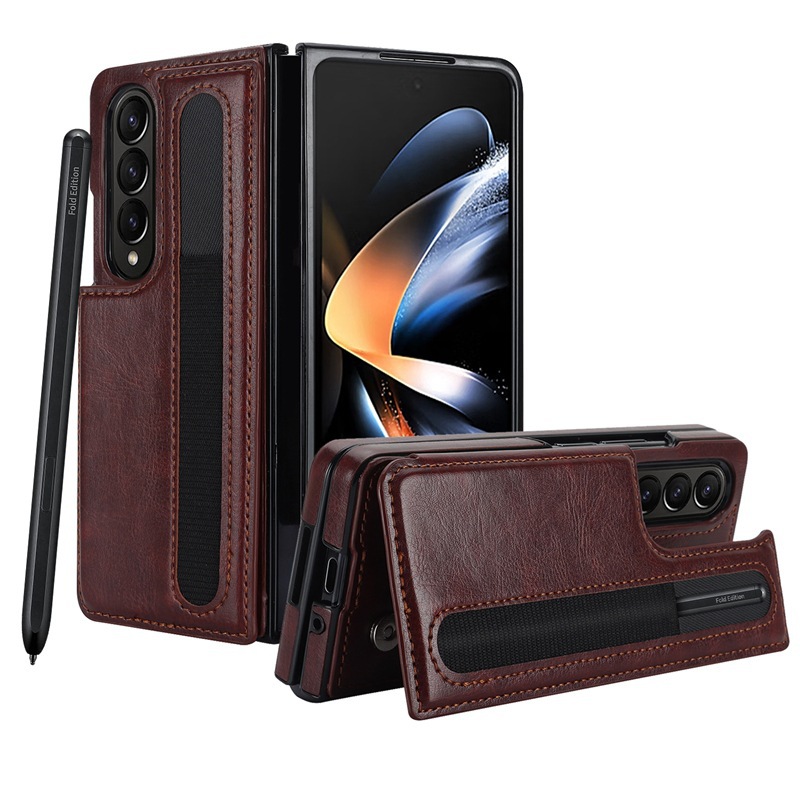 Compatible with Samsung Z Fold7/6/5 phone case, 4/3-inch double-buckle card slot pen case folding stand drop-proof protective case